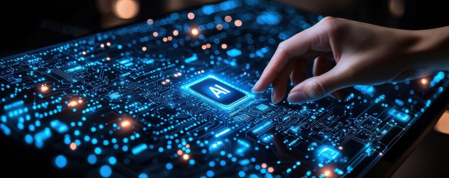 Hand Points to AI Technology Illuminating Digital Interface Concept