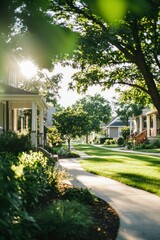 Sunny street view of houses with green foliage and walking path, for real estate