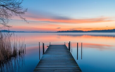 Fototapeta premium Sunset over calm lake with wooden pier surrounded by trees and soft reflections in the water during evening hours
