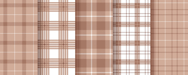Check background. Tartan seamless pattern. Brown textures. Plaid shirt textile. Flannel Vichy prints. Lumberjack tablecloth. Set of gingham fabrics. Buffalo checkered backdrops. Vector illustration