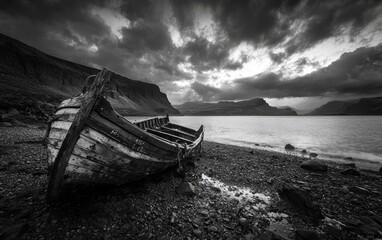 Old wooden boat rests on rocky shore under dramatic cloudy sky in a remote location