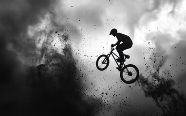 Obraz premium BMX rider performs thrilling jump against dramatic sky backdrop during an exciting outdoor sport session