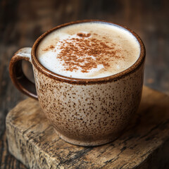 Fototapeta premium A steaming hot cup of spiced chai latte with frothy milk, cinnamon sprinkled on top, rustic ceramic mug, cozy caf茅 atmosphere, warm tones, high-detail textures. 