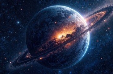 A stunning planet adorned with beautiful rings, set against a captivating cosmic background