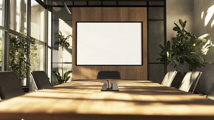 Modern meeting room with blank white screen, conference table and plants