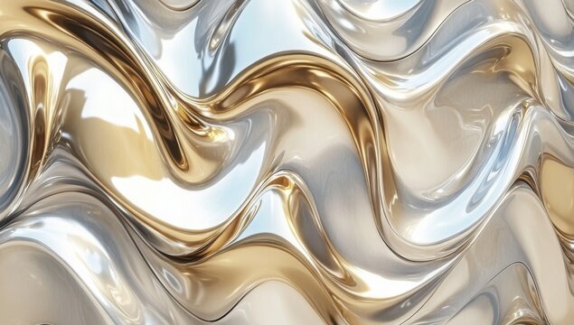 abstract background with elegant golden and silver metal ribbon shapes, shiny metallic surface