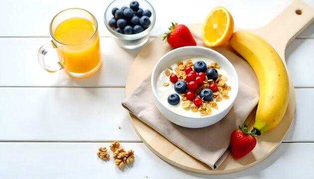 Fotograf&iacute;a cenital de un desayuno sobre una superficie de madera blanca, con una variedad de alimentos saludables