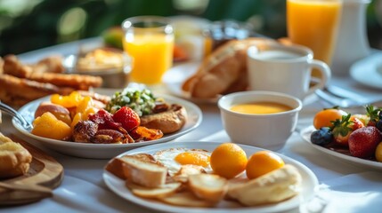 A vibrant breakfast spread awaits with colorful fruits, golden pastries, and steaming coffee, all set against a lush green backdrop, creating a perfect morning getaway