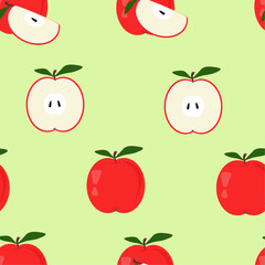 Red apple in the background. Seamless background of apples. Juicy halves of apples