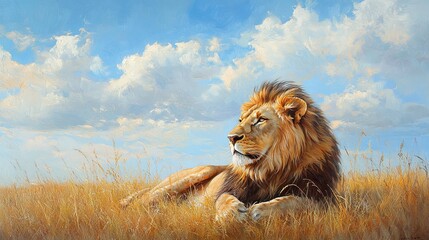 Fototapeta premium serene and powerful african lion resting in the savannah grass showing dominance and grace in wildlife habitat under the peaceful blue sky