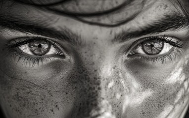 Naklejka premium Close-up shot of striking eyes revealing emotions and intricate details in a monochrome style