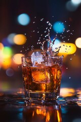 Whiskey glass splashing on a table, blurred city lights in backdrop for bar menu