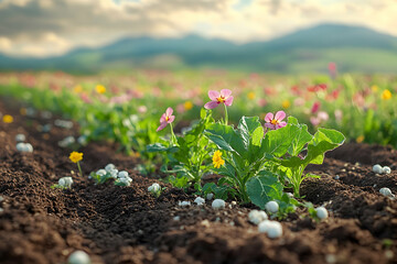 Blooming flowers in a field of young plants at sunset