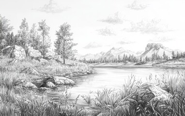 Serene landscape featuring mountains, water, and lush vegetation at dusk in a tranquil natural setting