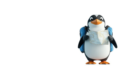 Obraz premium Penguin's Adventure: A charming cartoon penguin, donned with a backpack, navigates a map with a sense of wonder, ready to explore the world, conveying a message of curiosity and exploration.