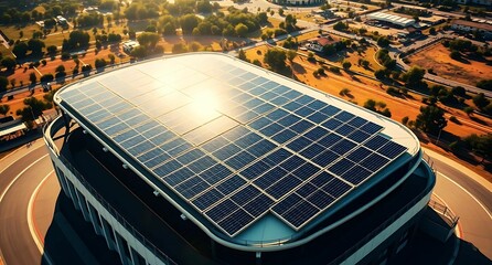 solar panels on a stadium roof top view  