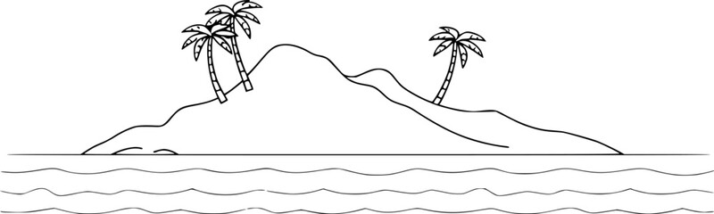 Outline tropical island with palm trees and waves elegant vector landscape.