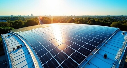 solar panels on a stadium roof top view  