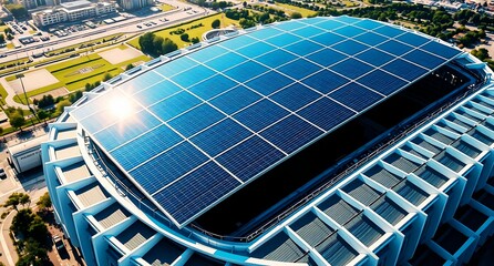 solar panels on a stadium roof top view  