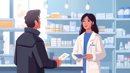 community pharmacist talking to patient about prescription medications giving expert advice and healthcare support in a trusted local pharmacy setting