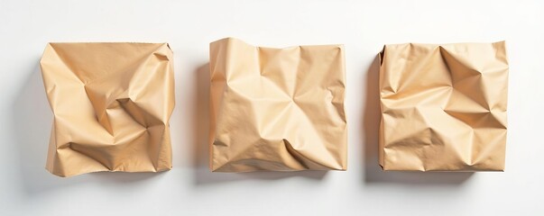 Three crumpled pieces of corrugated cardboard laying on white background, with shadows adding depth and dimension, cardboard, white background