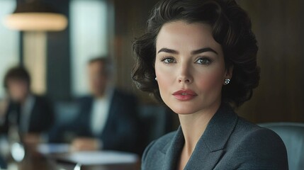 confident senior executive woman seated in boardroom with team discussing business growth showing mature leadership success and corporate power in office environment