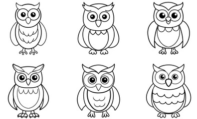 Cute Cartoon Owls in Simple Black and White Line Art