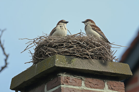 Two small birds in a nest on a chimney, close-up wildlife photography, spring nature, nesting season, animal behavior, peaceful sky, natural habitat