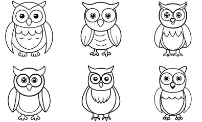 Cute Cartoon Owls in Simple Black and White Line Art