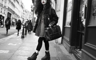 Young woman in a black and white street setting showcasing unique fashion style in a bustling urban area