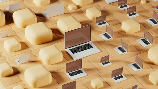 Modern tech environment featuring laptops and abstract shapes