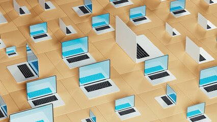 Technological backdrop with laptops and abstract geometric shapes