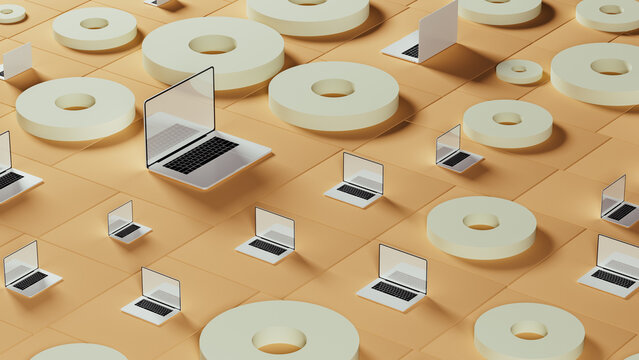 Technological landscape featuring laptops and geometric shapes