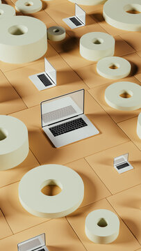 Exploration of technology with geometric shapes and laptop in focus