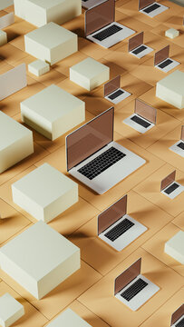 Creative layout with laptops and geometric shapes