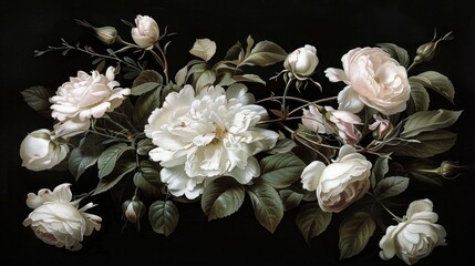 Elegant Bouquet of White Roses and Peonies on Black Background