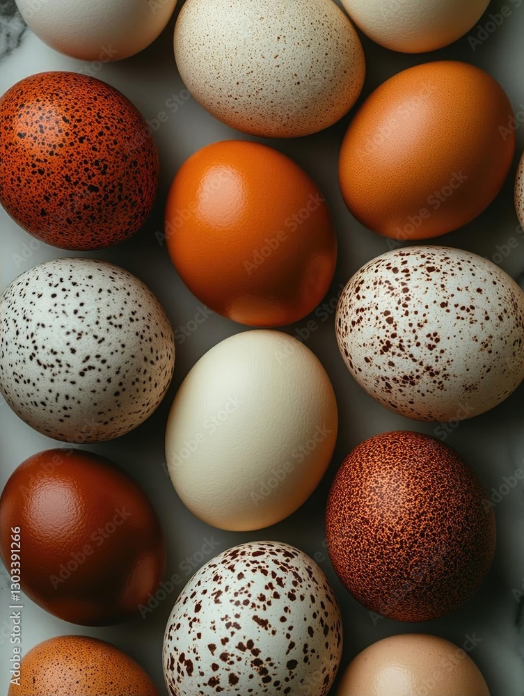 Poster a vibrant assortment of eggs with varied colors and patterns arranged artfully on a surface