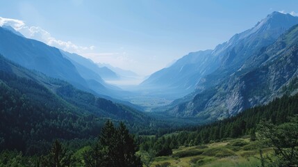 Serene Mountain Valley Panorama: A Breathtaking View of Majestic Peaks and Lush Forests Under a Clear Blue Sky