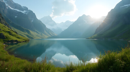 Naklejka premium Scenic Mountain Lake with Sunlight Reflections Greenery Mountain Views