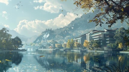 Fototapeta premium Serene Autumn Lakeside Resort in Misty Mountains