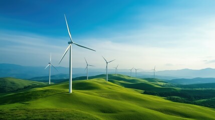 Wind Turbines Generating Clean Energy on Lush Green Hills Scenic Landscape Daytime Viewpoint Sustainable Concept