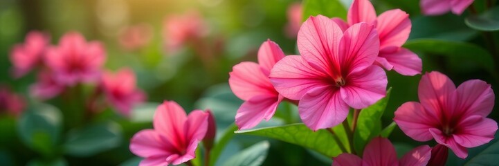 Obraz premium Vibrant primula obconica bright pink flowers in full bloom with green leaves, green leaves, flowers, primula obconica