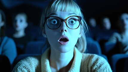 shocked and amazed woman sitting in a theater watching an intense film with emotional expressions and excitement enjoying the cinematic atmosphere
