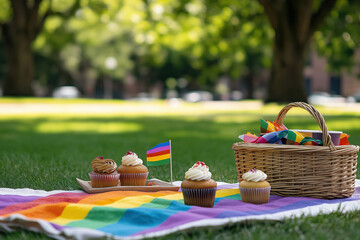 Colorful picnic setup with rainbow cupcakes and flag in a sunny park
