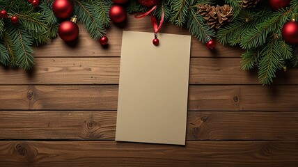 Obraz premium Greeting card christmas mockup with fir tree branches on dark wooden background