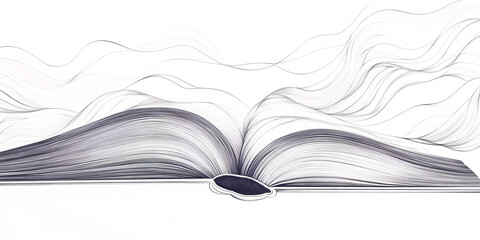 Ink drawing of an open book in continuous one-line form. Study and knowledge library concept. Illustration of a modern design, on white background