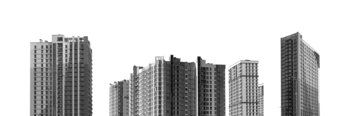 Architecture featuring modern high-rise residential buildings in an urban metropolis. Multi-story housing, concrete facades, real estate investment, contemporary design. Isolated on white background.