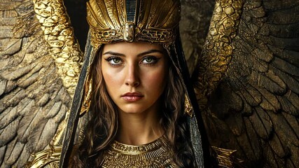 Enigmatic figure dressed in ancient warrior attire with majestic wings in a dramatic setting