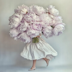 A joyful person in flowing white attire carries an oversized bouquet of pale purple peonies, creating a whimsical, dreamy scene.