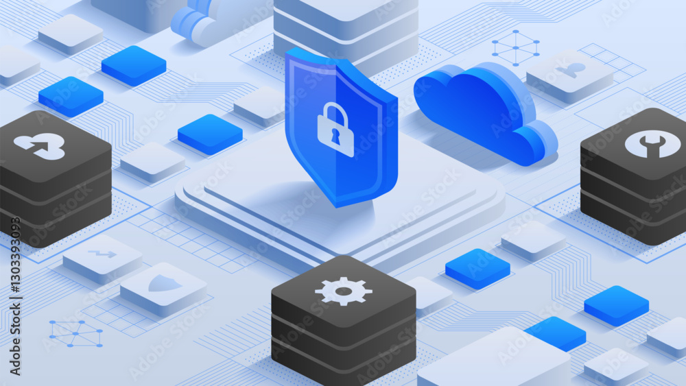 Poster secure cloud network. a cloud with a shield and lock symbolizing data encryption and cybersecurity f